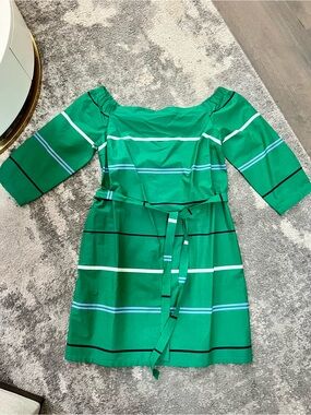 Like NEW! Ann Taylor Green Striped Off-Shoulder Midi Dress with Belt